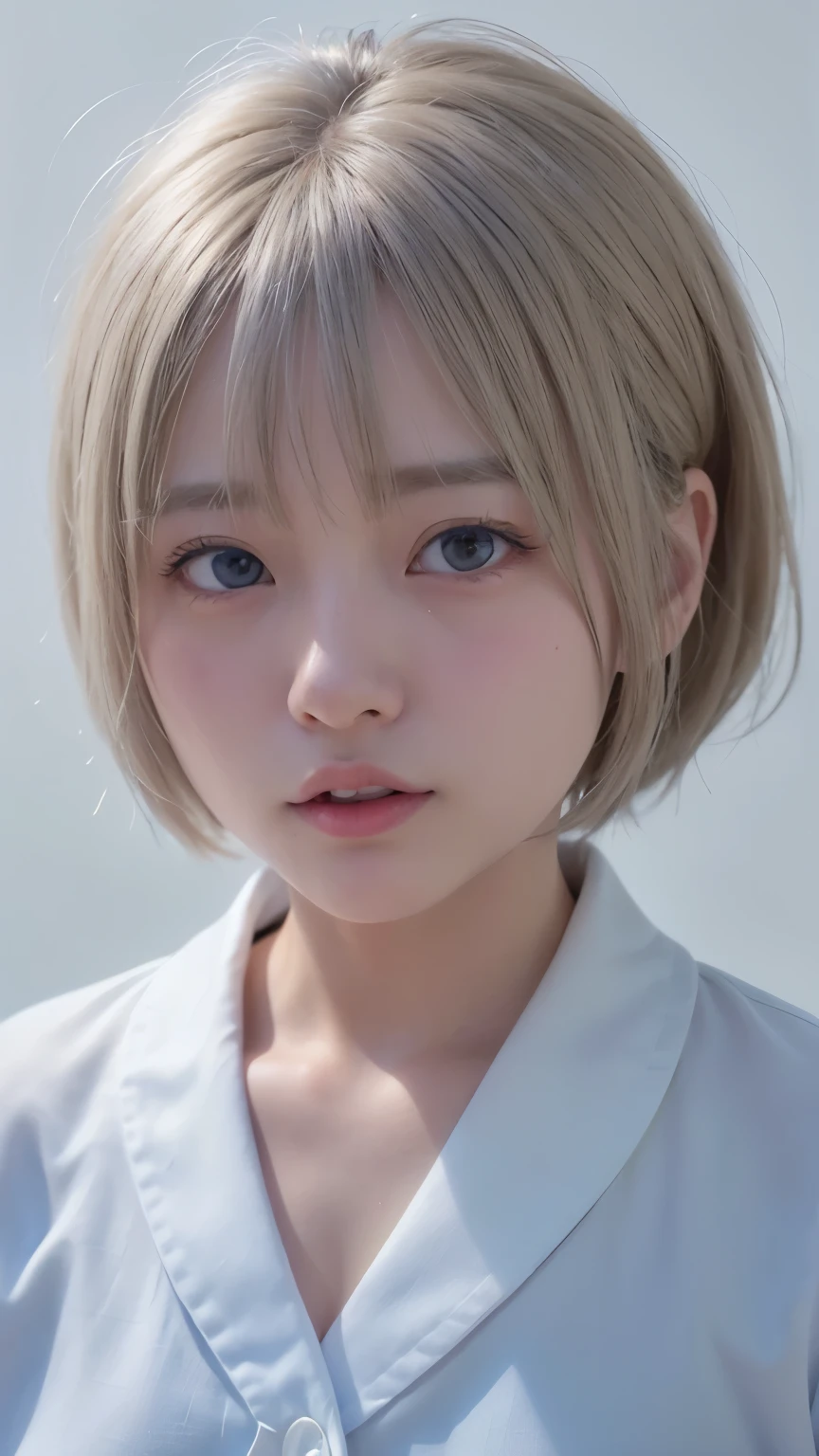 1 Very Cute Girl、、short hair、White Hair、Blue background、Upper body、(head shot:1.5)、Eyes focus、Collared shirt、Laughter、、(8k、Raw photo、highest quality、masterpiece:1.2)、(Realistic、Photorealistic:1.3)、Hmph、Deep depth of field、Wide Light、High Contrast、(Shine:1.4)、chromatic aberration、Sharp focus、RAW color photoovie stills、Cinematic lighting、8k resolution、