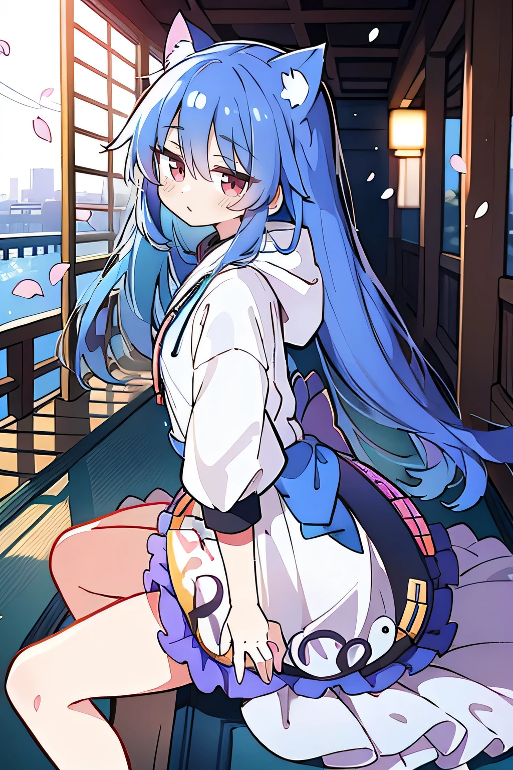 （masterpiece：1.2），Super detailed，lifelike，Expressive eyes，fair skin，perfect face shape，1 girl，
Japanese comics,Gorgeous blue hair,flowing blue hair,flowing clothes,Cat ears,Petals fall,beautiful lola,Baby Angel,
Shaking head with one hand，Cross your legs，Gentle and peaceful background，The pavilion is cool and comfortable,smile, wearing hoodie, background of tokyo,back views.snowing, winter.