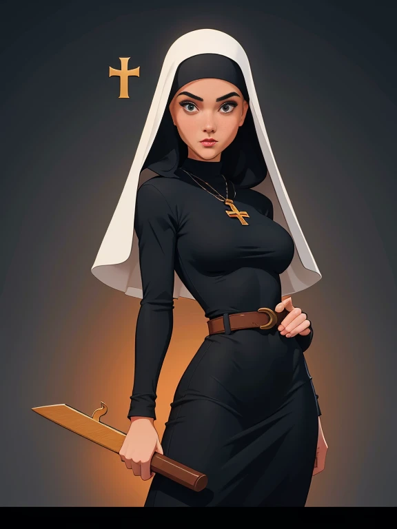 garota,, pequeno, Shy, bunda grande, catholic nun outfit , dynamic pose, Quente, soft or colored lips, fundo simples, perfect hands, anatomia perfeita, Tilt Jennifer Connelly style Cartoon style digital illustration GTA style vampire slayer with a bible in one hand and a wooden stake in the other