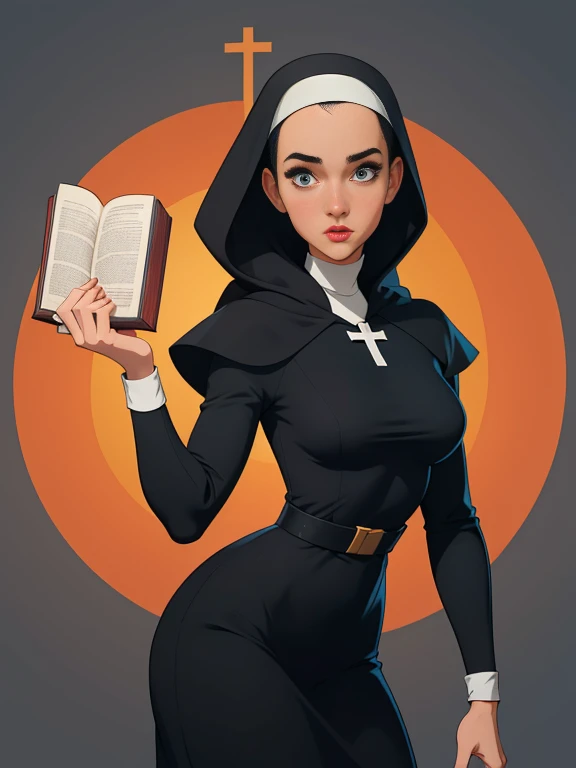 garota,, pequeno, Shy, bunda grande,   catholic nun outfit  , dynamic pose, Quente, soft or colored lips, fundo simples, perfect hands, anatomia perfeita, Tilt Jennifer Connelly style Cartoon style digital illustration GTA style vampire slayer with a bible in one hand and a wooden stake in the other 