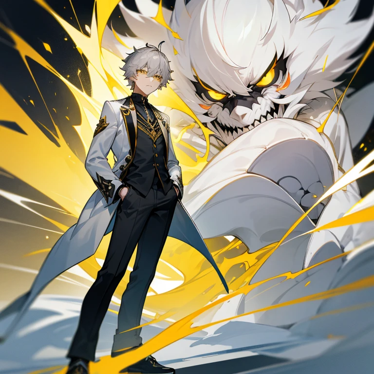 Aether from Genshin Impact. Gray haired boy. Yellow Eyes. Hands in pockets. Black pants and shoes.  White coat with golden details. Angry expression.