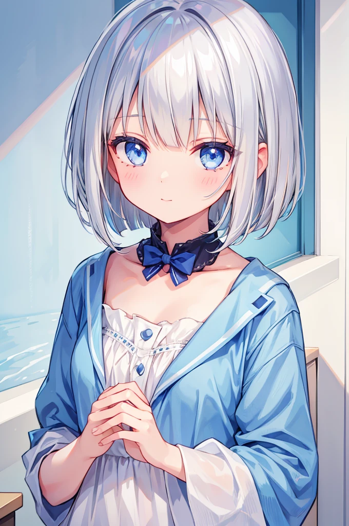 1girl, silver hair, blue eyes, bob cut, soft smile