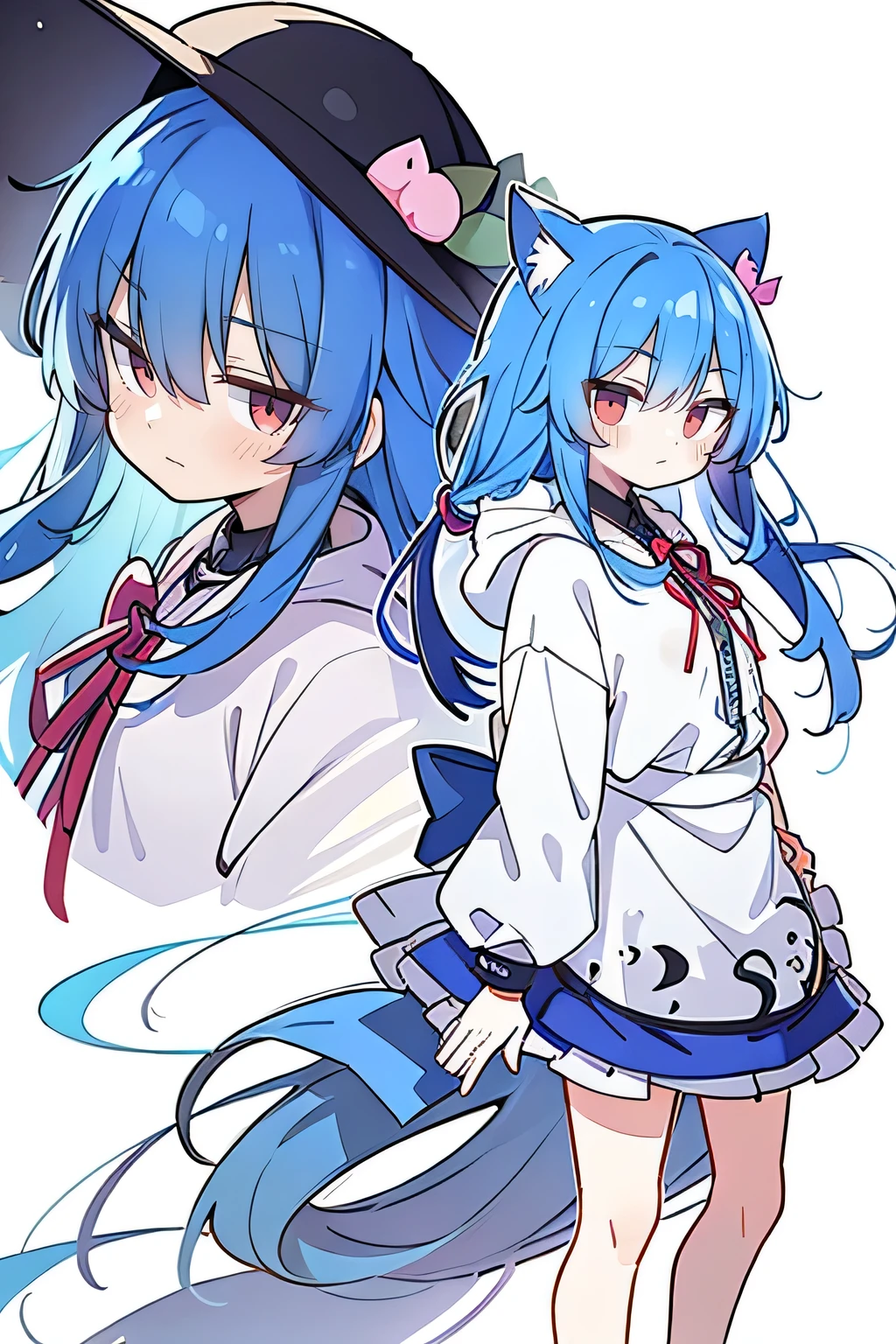 (masterpiece:1.2),Super detailed,lifelike,Expressive eyes,fair skin,perfect face shape,1 girl,
Japanese comics,Gorgeous blue hair,flowing blue hair,flowing clothes,Cat ears,Petals fall,beautiful lola,Baby Angel,
Shaking head with one hand,Cross your legs,Gentle and peaceful background,The pavilion is cool and comfortable,smile, wearing hoodie, background of tokyo,back views.snowing, winter.
