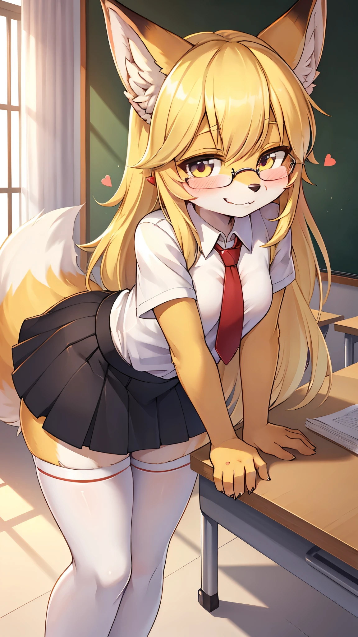 best quality,best resolution,(fluffy anthro furry :1.6),fox girl,yellow long hair,curvy hair,(light yellow fur),classroom,light and shadow,(white ahort arm shirt),red necktie,black skirt,white stocking,glasses,ribbon hairpin,looking at viewer,sexy face,very close eyes,full face blush,sexy pose,heart eyes,heart expression eyes