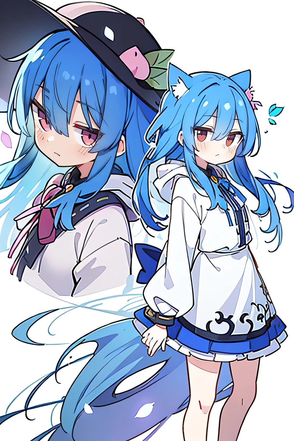 （masterpiece：1.2），Super detailed，lifelike，Expressive eyes，fair skin，perfect face shape，1 girl，
Japanese comics,Gorgeous blue hair,flowing blue hair,flowing clothes,Cat ears,Petals fall,beautiful lola,Baby Angel,
Shaking head with one hand，Cross your legs，Gentle and peaceful background，The pavilion is cool and comfortable,smile, wearing hoodie, background of tokyo,back views.snowing, winter.