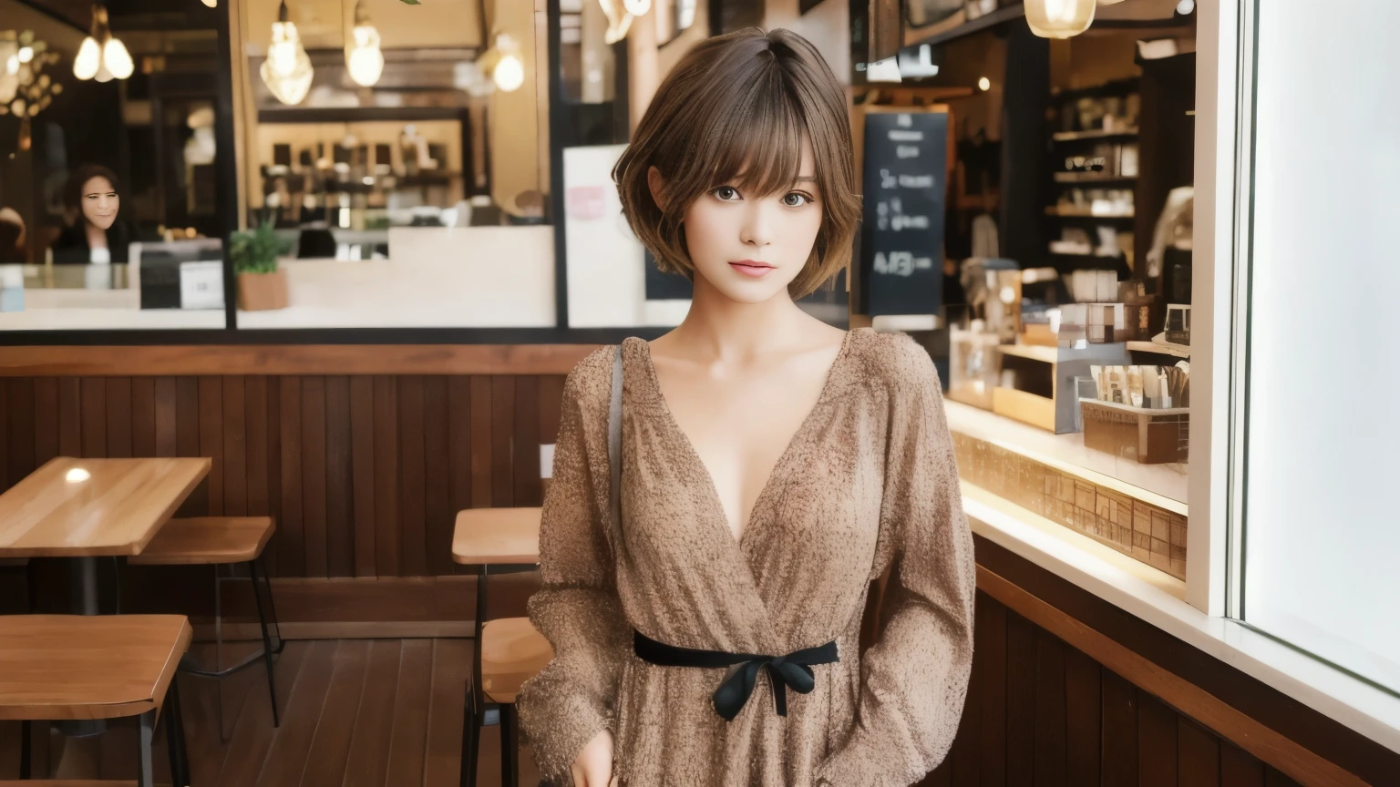 super high quality, Fashion Model, short hair, thin, (8k、RAW Photos、highest quality、masterpiece:1.2), Japanese Idols, Serious expression, Shaggy, Brown Hair, Stylish cafe, Fashion magazine shooting, People having fun at the cafe々Bustling with., (Realistic、Realistic:1.37), Beautiful Face , Urban Cafe, Small breasts, A gentle gaze, Spring Clothes, Dress neatly