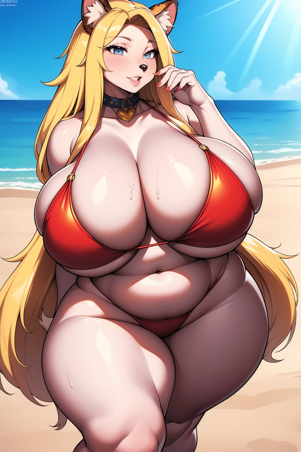 Masterpiece, hi res, beautiful lighting, wide hips,((massive))thighs,((massive)) ass,((femboy)), beach background, looking at viewer seductively, large genitalia bulge, full body, standing,((large soft breasts)),((boy)), long blonde hair, blue eyes, sweating, tongue out, thong, morbidly obese, eyes rolled back, huffing,((vore)), squirming belly, hands on belly