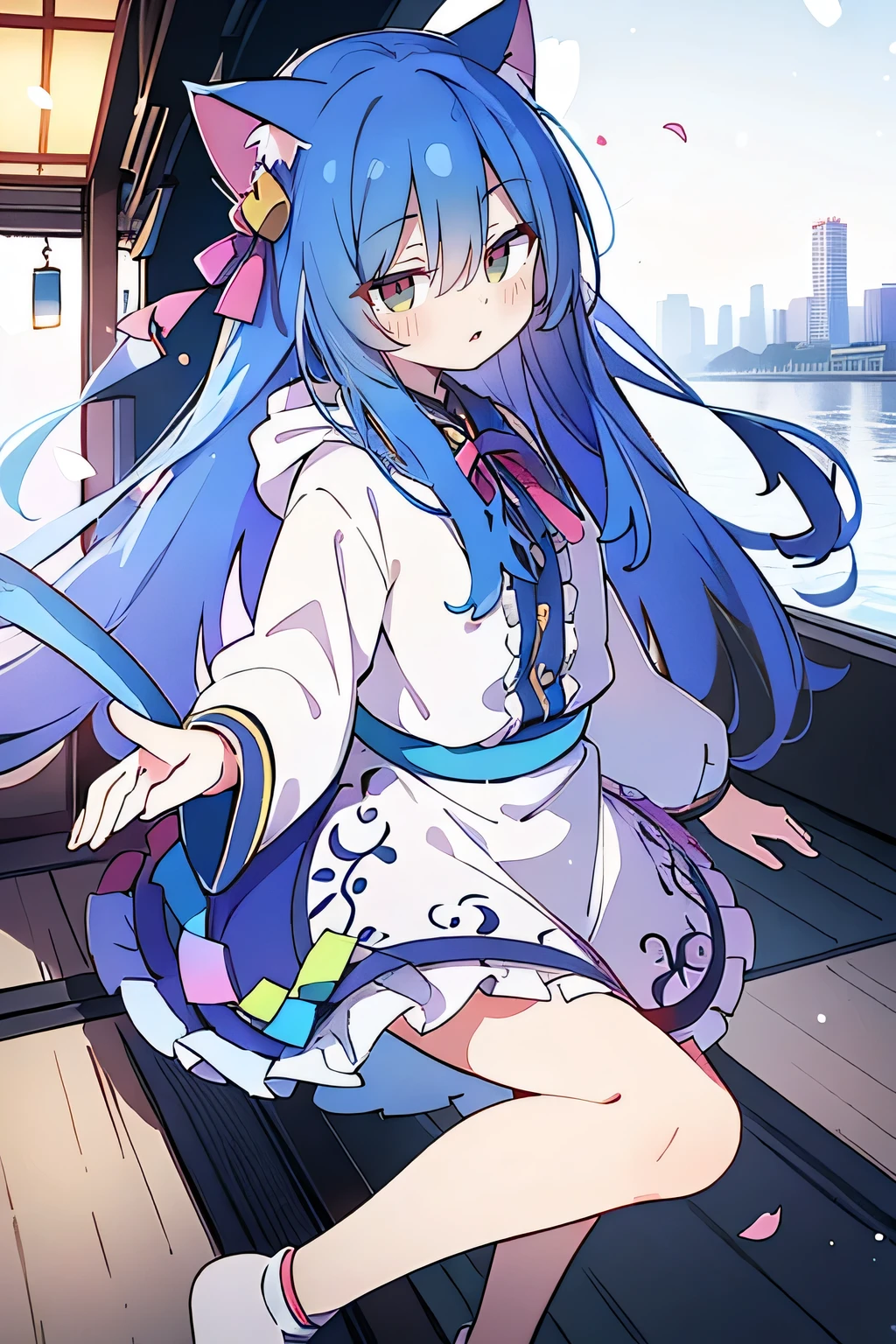 (masterpiece:1.2),Super detailed,lifelike,Expressive eyes,fair skin,perfect face shape,1 girl,
Japanese comics,Gorgeous blue hair,flowing blue hair,flowing clothes,Cat ears,Petals fall,beautiful lola,Baby Angel,
Shaking head with one hand,Cross your legs,Gentle and peaceful background,The pavilion is cool and comfortable,smile, wearing hoodie, background of tokyo,back views.snowing, winter.