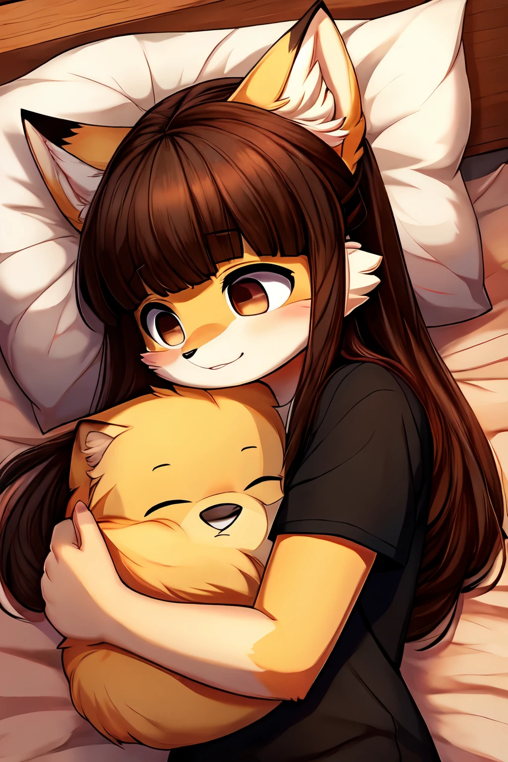 Antropomorphic fluffy yellow fox young cute shy fox girl with long brown human hair and brown eyes dressed with a black t-shirt sleeping on her bed hugging her pillow