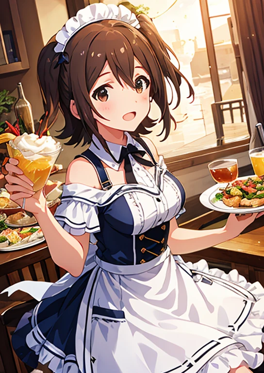 Mirai Kasuga, (highest quality, 8k, masterpiece, Very detailed:1.2), (Lens flare, Particles of light, Shine), Big Breasts, smile, Open your mouth, masterpiece, highest quality, Very detailed, High resolution, Very detailedなCG, (Official Art), Off the shoulder, waitress, (Embarrassing:1.1), (blush:1.2), Open your mouth, (shout:1.1), (Moving lines:1.1),  blue sky, Family restaurant, Cowboy Shot