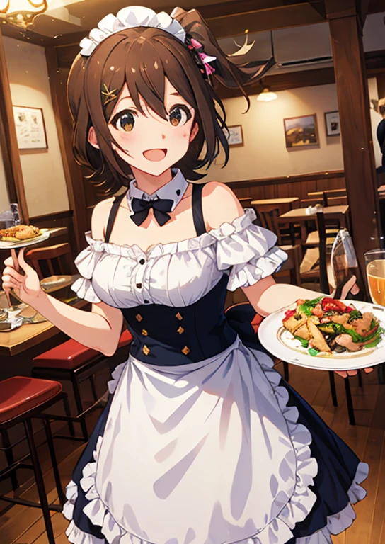 Mirai Kasuga, (highest quality, 8k, masterpiece, Very detailed:1.2), (Lens flare, Particles of light, Shine), Big Breasts, smile, Open your mouth, masterpiece, highest quality, Very detailed, High resolution, Very detailedなCG, (Official Art), Off the shoulder, waitress, (Embarrassing:1.1), (blush:1.2), Open your mouth, (shout:1.1), (Moving lines:1.1),  blue sky, Family restaurant, Cowboy Shot