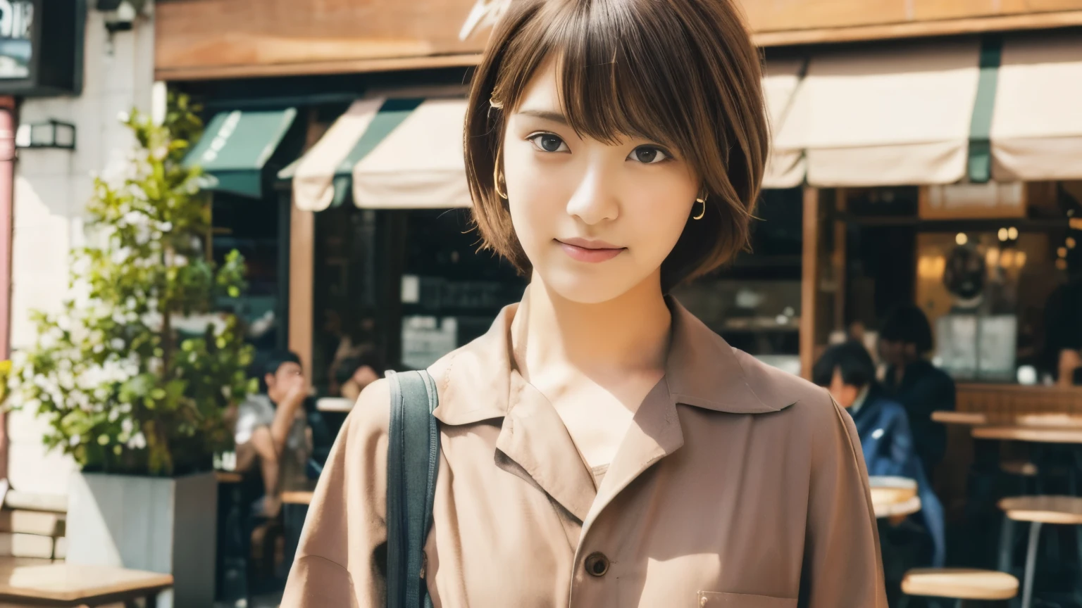 super high quality, Fashion Model, short hair, thin, (8k、RAW Photos、highest quality、masterpiece:1.2), Japanese Idols, Serious expression, Shaggy, Brown Hair, Stylish cafe, Fashion magazine shooting, People having fun at the cafe々Bustling with., (Realistic、Realistic:1.37), Beautiful Face , Normal chest, Urban Cafe, A gentle gaze, Spring Clothes, Dress neatly,