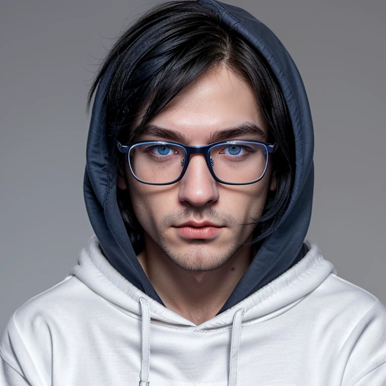 Create a guy, with short black hair, and straight hair, with black and square glasses, with a really white skin, and a blue eyes tiny lips, and a greek nose, using a hoodie of the colour dark blue
