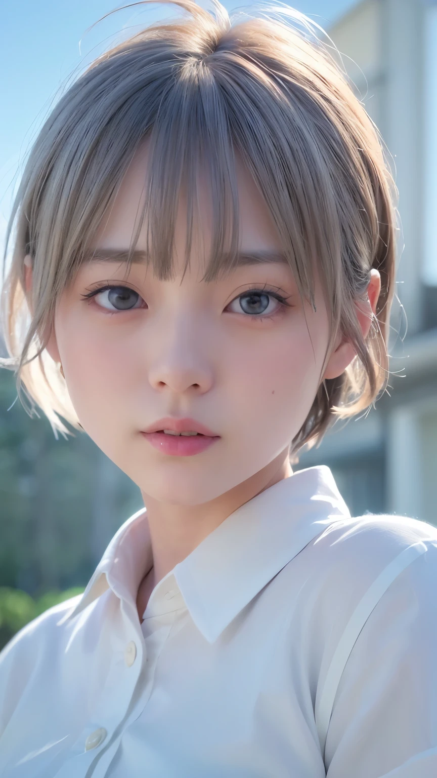 1 Very Cute Girl、12 years old、short hair、White Hair、Blue background、Upper body、(head shot:1.5)、Eyes focus、Collared shirt、Laughter、、(8k、Raw photo、highest quality、masterpiece:1.2)、(Realistic、Photorealistic:1.3)、Hmph、Deep depth of field、Wide Light、High Contrast、(Shine:1.4)、chromatic aberration、Sharp focus、RAW color photoovie stills、Cinematic lighting、8k resolution、