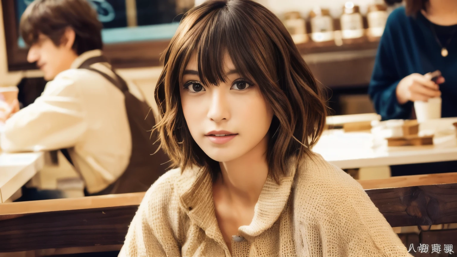 super high quality, Fashion Model, short hair, thin, (8k、RAW Photos、highest quality、masterpiece:1.2), Japanese Idols, Serious expression, Shaggy, Brown Hair, Stylish cafe, Fashion magazine shooting, People having fun at the cafe々Bustling with., (Realistic、Realistic:1.37), Beautiful Face , Normal chest, Urban Cafe, A gentle gaze, Spring Clothes, Dress neatly, 