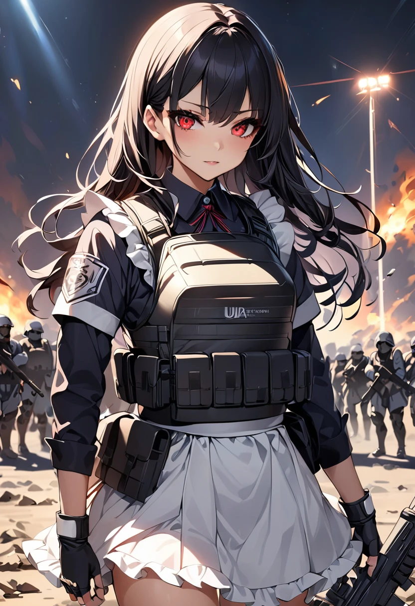 masterpiece、highest quality、Ultra-high resolution、Maximum resolution、Very detailed、Professional Lighting、anime、woman、thin、so beautiful、high school girl、Maid clothes、Has an assault rifle、Red Eye、Black Hair、long hair、Fingerless gloves、Equipped with a plate carrier、Standing alone on the battlefield