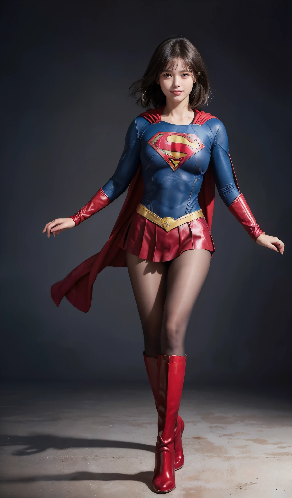 No background、Eyes closed、Raise your arms、Hurrah!、(((Beautiful legs in black tights.)))、(((Stretch your legs、expensive、Legally express the beauty of your smile)))、((((Make the most of your original images)))、(((Supergirl Costume)))、(((Beautiful short bob hair)))、(((suffering)))、(((Black tights legs、Wear red boots)))、((Best image quality、8k))、((highest quality、8k、masterpiece:1.3))、(((Preserve background )))、Sharp focus:1.2、Beautiful woman with perfect figure:1.4、Thin abdominal muscles:1.2、Wet body:1.5、Highly detailed face and skin texture、8k