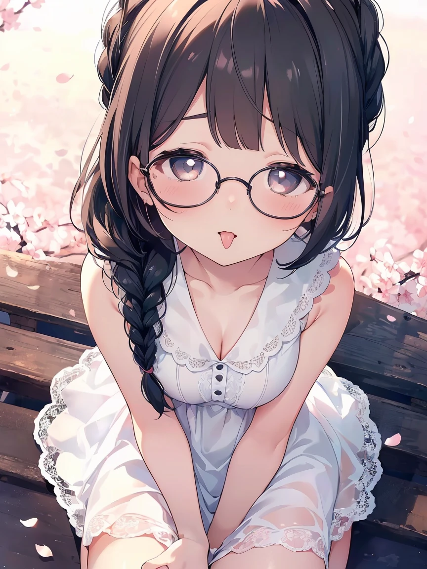 Very detailed, highest quality, High resolution, Moe Anime, ((A cute elementary school girl with black hair and droopy eyes)), ((Wearing large round glasses:1.4)), (Baby Face), Cute eyes, Detailed eye depiction, Sparkle in the eyes, View your viewers, Pale skin, (Big eyes:1.4, Droopy eyes:1.4, Fatty face:1.4), smile, Focus on the face, In the park with cherry blossoms falling, Sitting, (Extreme close up of tongue), (((From above))), Open your mouth, (((Face only:1.3))), ((white lace sleeveless dress)), Bright Eyes, Light from the front, (Put your hands between your legs:1.4), large and long tongue, Cleavage, Braided hairstyle