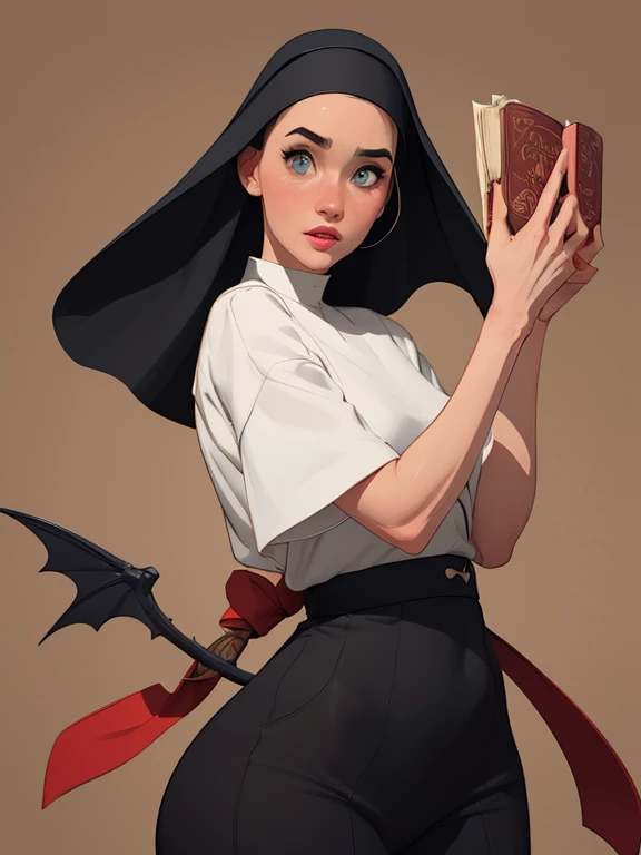 garota,, pequeno, Shy, bunda grande, catholic nun outfit , dynamic pose, Quente, soft or colored lips, fundo simples, perfect hands, anatomia perfeita, Tilt Jennifer Connelly style Cartoon style digital illustration GTA style vampire slayer with a bible in one hand and a wooden stake in the other horror background