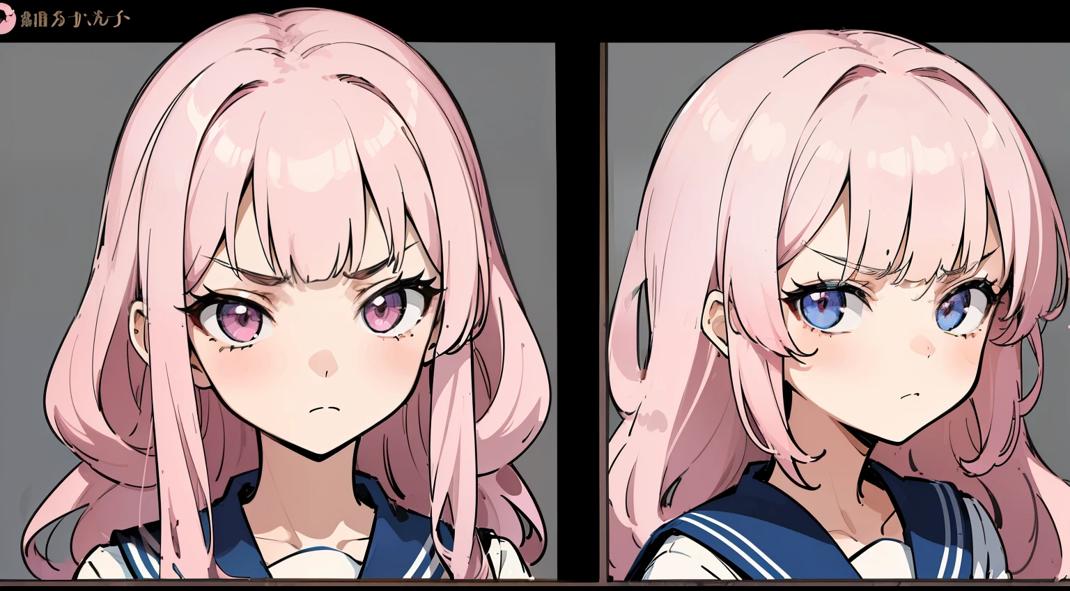 ((masterpiece, highest quality)), Detailed face, Character Sheet, whole body, Full of details, Various poses and expressions, Very detailed, depth, Many parts, One girl, , seifuku, Sailor suit, Long sleeve, Pink Hair, Wavy Hair, Long Hair, Blunt bangs, Tsundere, Flat Chest, Angry expression