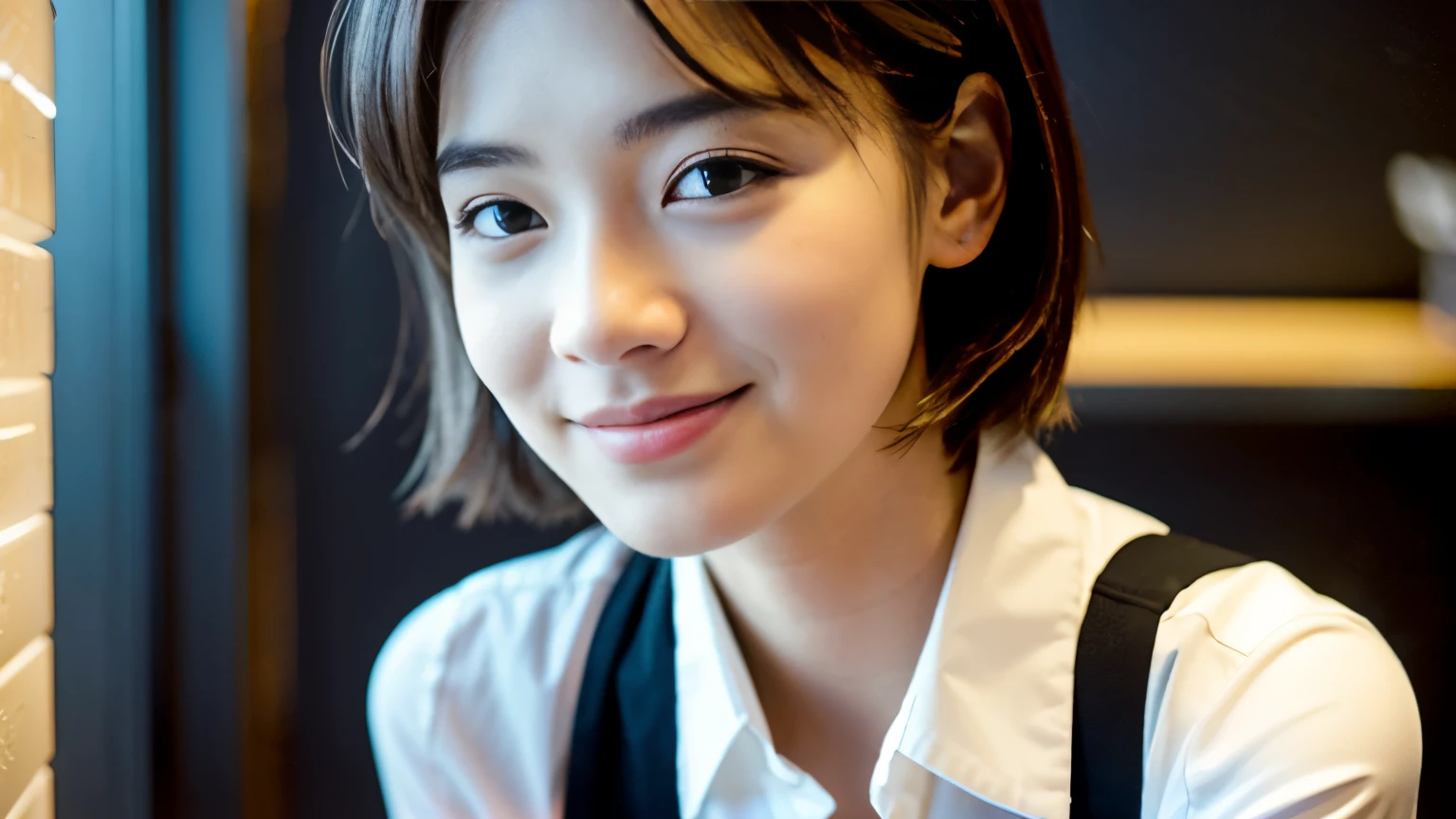 Shot at a cafe in New York，Photorealistic, Surreal, Cinema Lighting, 32k, 1 girl, look up, Backlight, (Bright light:1.2), (Improvement of quality:1.4), (Highest quality realistic textured skin:1.4), Fine grain, Detailed face, A shy smile, Face close-up, short hair, blouse, (Enhances the beauty of skin texture:1.1), Matte texture，Inside the cafe,　Beauty Salon Model