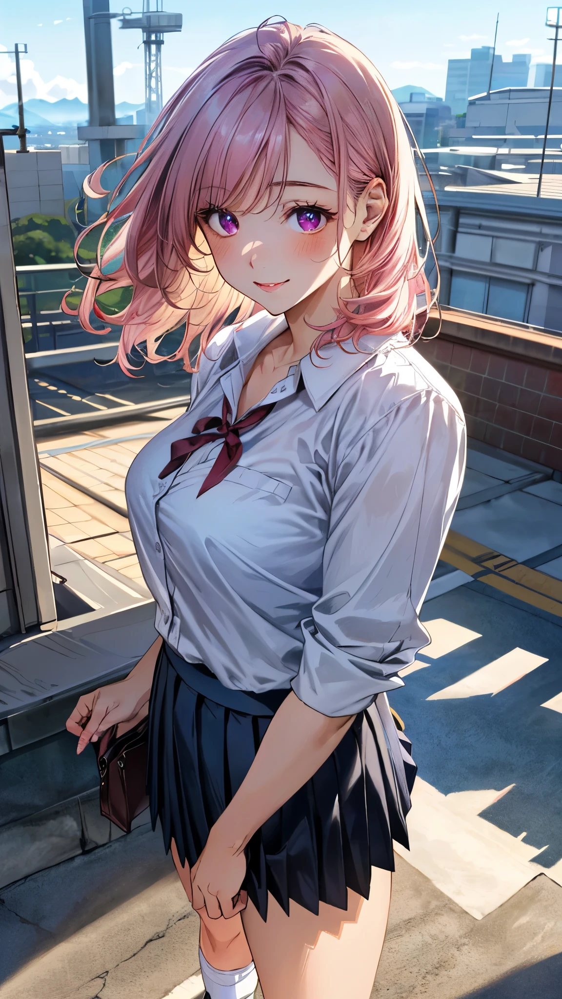 (masterpiece:1.3, top-quality, ultra high res, ultra detailed), (realistic, photorealistic:1.4), beautiful illustration, perfect lighting, natural lighting, colorful, depth of fields, surrealism, nsfw, 
beautiful detailed hair, beautiful detailed face, beautiful detailed eyes, beautiful clavicle, beautiful body, beautiful chest, beautiful thigh, beautiful legs, beautiful fingers, shiny skin, 
looking at viewer, 1 girl, japanese, high school girl, (perfect anatomy, anatomically correct, super detailed skin), cute and symmetrical face, babyface, perfect face, perfect eyes, 
(middle hair, two side up, pink hair), crossed bangs, purple eyes, drooping eyes, big eyes, long eyelashes, (large breasts, seductive thighs), slender, outstanding style, 
((detailed cloth texture, white collared shirt, blue pleated skirt, dark red neck ribbon), white socks, loafer), 
(beautiful scenery), late afternoon, (school rooftop), (standing), (lovely smile, upper eyes),