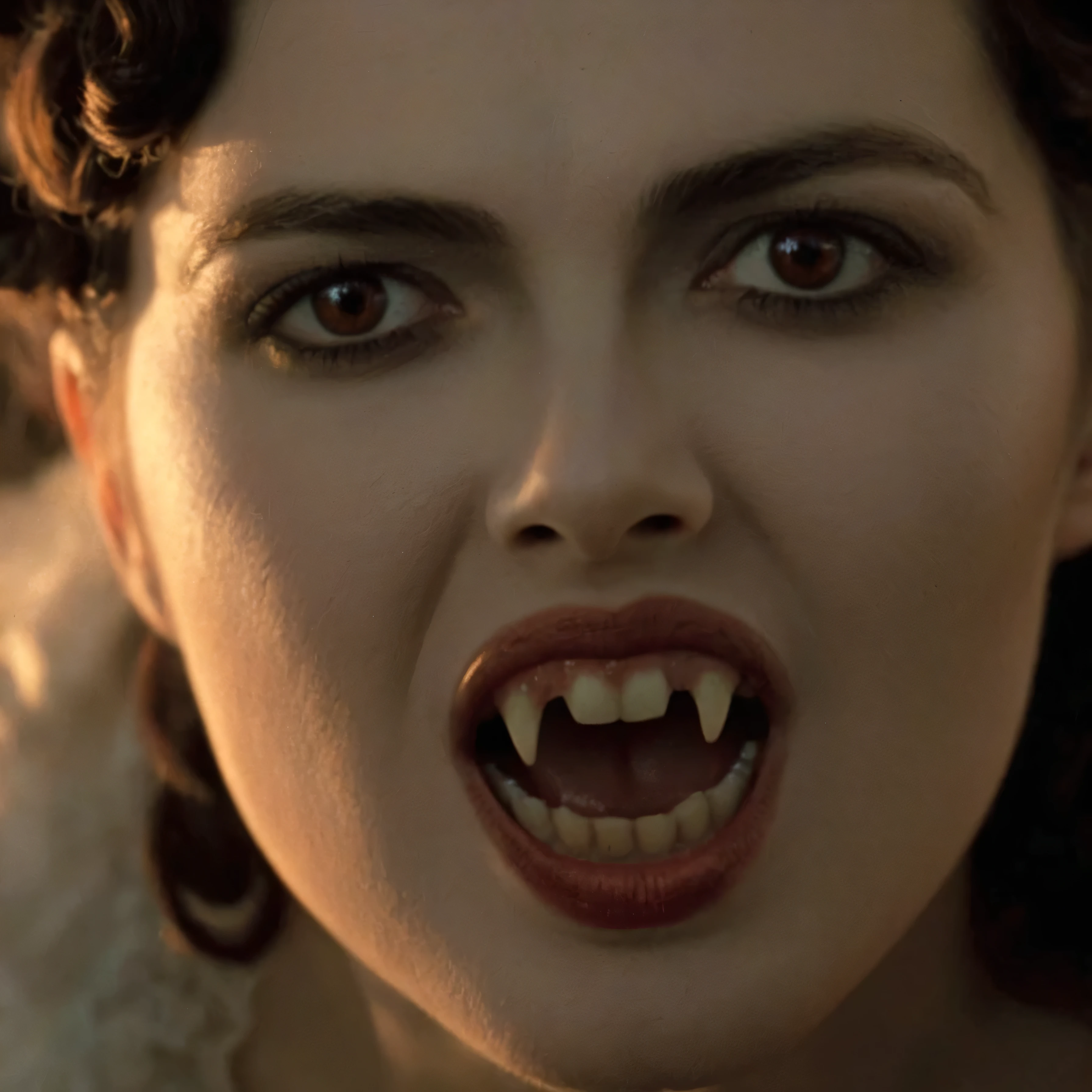 cinematic film still of  closeup, 15th-century 17 a vampire woman with a creepy look on her face with big open vampire mouth and fangs yawning in front of camera Kodak Eastman EXR 50D 5245, EXR 500T 5296 Cinematic Film in a scene from the brides of dracula style, shallow depth of field, vignette, highly detailed, high budget, bokeh, cinemascope, moody, epic, gorgeous, film grain, grainy, mouth open and closed, nsfw, dark eyes shadow, her mouth open extra wide, her mouth closed, her eyes open wide.