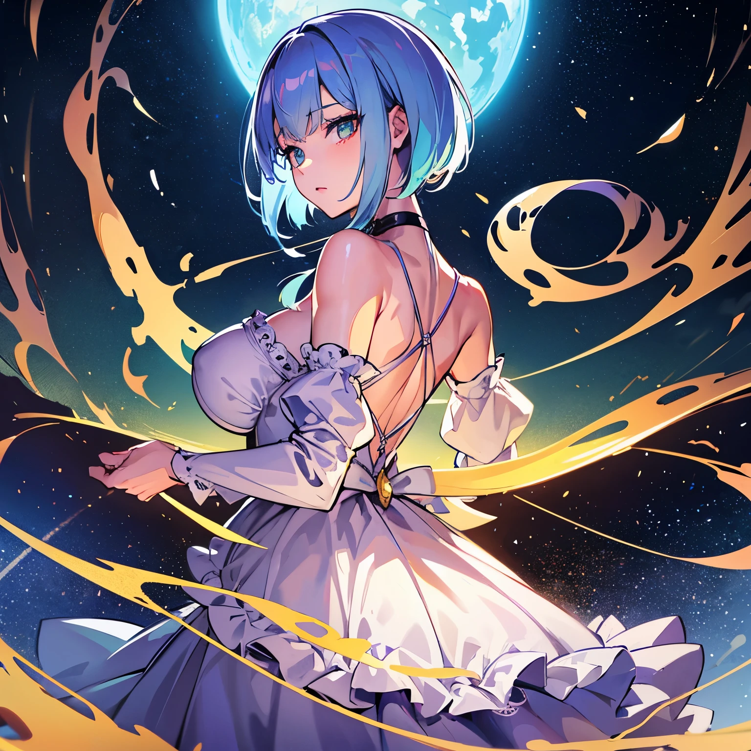 (Very detailed CG ユニティ 8k 壁紙)、(masterpiece)、(highest quality)、(Very detailed)、(Best illustrations)、(Best Shadow)、alone、One Girl、Green Eyes、Big Eyes、Big Breasts、whole body、Bold backless dress、noon、Clear skies、Spectacular backdrop、high resolution、whole body、Back view、Sweat、Bright hair color、short hair、Shiny skin、Shiny texture