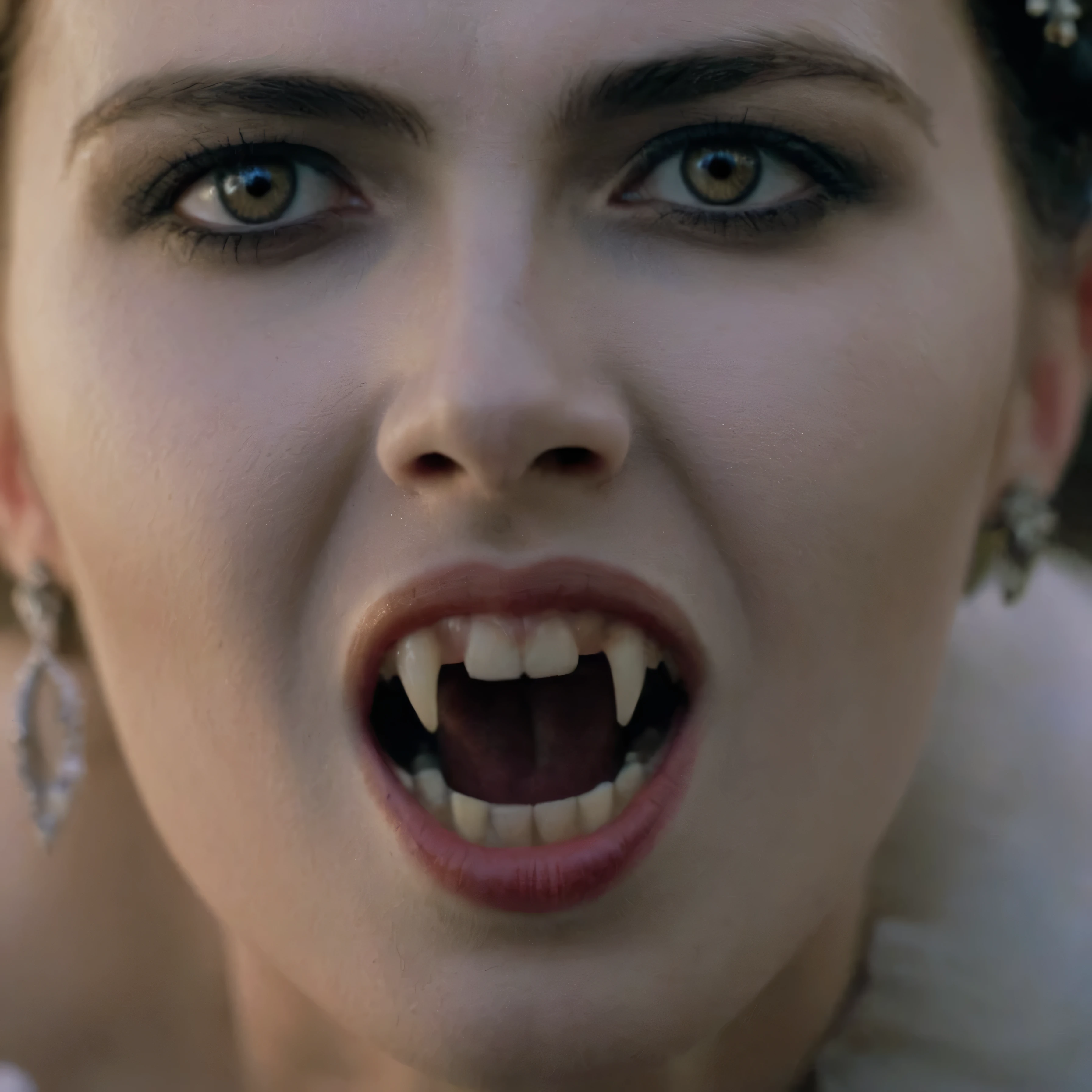 cinematic film still of  closeup, 15th-century 17 a vampire woman with a creepy look on her face with big open vampire mouth and fangs yawning in front of camera Kodak Eastman EXR 50D 5245, EXR 500T 5296 Cinematic Film in a scene from the brides of dracula style, shallow depth of field, vignette, highly detailed, high budget, bokeh, cinemascope, moody, epic, gorgeous, film grain, grainy, mouth open and closed, nsfw, dark eyes shadow, her mouth open extra wide, her mouth closed, her eyes open wide.