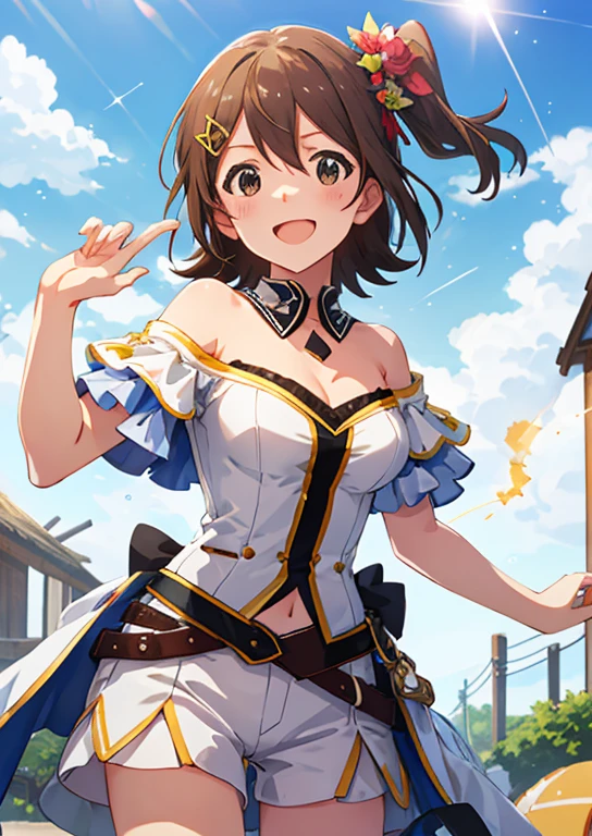 Mirai Kasuga, (highest quality, 8k, masterpiece, Very detailed:1.2), (Lens flare, Particles of light, Shine), Big Breasts, smile, Open your mouth, masterpiece, highest quality, Very detailed, High resolution, Very detailedなCG, (Official Art), Off the shoulder, White shirt, hot pants, Straw hat, (Embarrassing:1.1), (blush:1.2), Open your mouth, (shout:1.1), (Moving lines:1.1), blue sky, Cowboy Shot