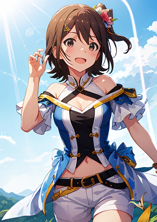 Mirai Kasuga, (highest quality, 8k, masterpiece, Very detailed:1.2), (Lens flare, Particles of light, Shine), Big Breasts, smile, Open your mouth, masterpiece, highest quality, Very detailed, High resolution, Very detailedなCG, (Official Art), Off the shoulder, White shirt, hot pants, Straw hat, (Embarrassing:1.1), (blush:1.2), Open your mouth, (shout:1.1), (Moving lines:1.1), blue sky, Cowboy Shot