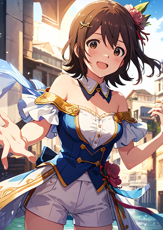 Mirai Kasuga, (highest quality, 8k, masterpiece, Very detailed:1.2), (Lens flare, Particles of light, Shine), Big Breasts, smile, Open your mouth, masterpiece, highest quality, Very detailed, High resolution, Very detailedなCG, (Official Art), Off the shoulder, White shirt, hot pants, Straw hat, (Embarrassing:1.1), (blush:1.2), Open your mouth, (shout:1.1), (Moving lines:1.1),  blue sky, Cowboy Shot