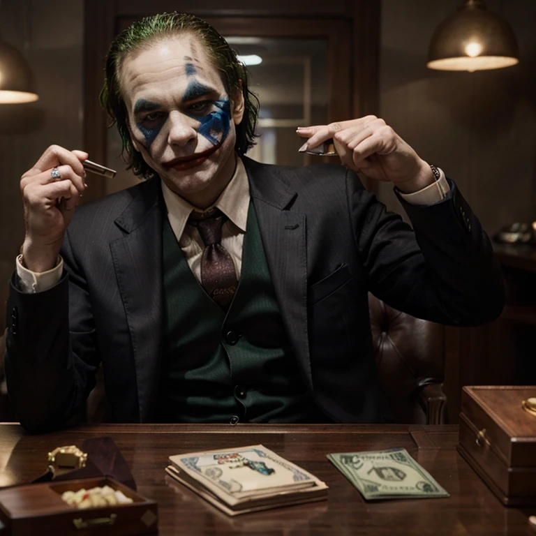 Movie character the Joker as a tycoon with a briefcase full of wads of money wearing a rolex watch on his wrist
