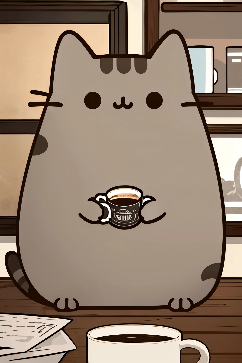 ((masterpiece,highest quality)), Absurd, Pusheen, Focus on animals, Cat, Coffee Mugs, Read the news, Crime City