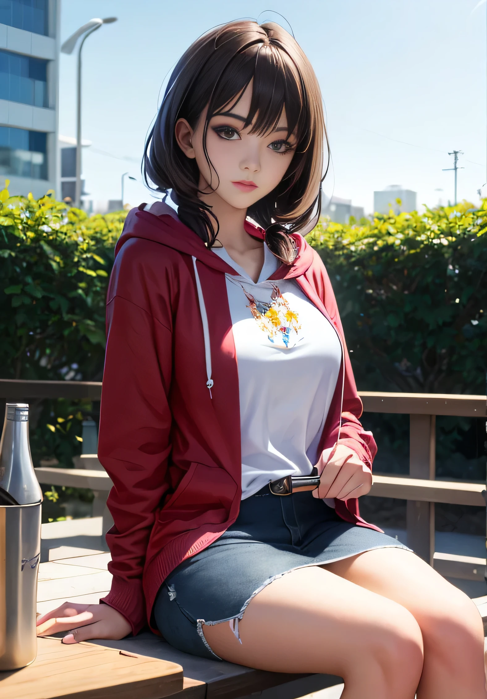 There is a woman sitting at a table holding a knife, anime girl in real life, inspired by Ayami Kojima, cgstation trends, Realistic young gravure idol, nara michi, sakimichan hdri, girl cute face, girl wearing hoodie, deayami kojima