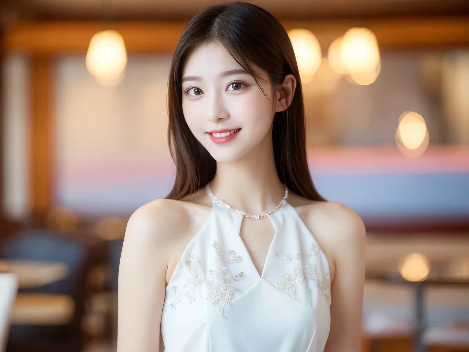 Tabletop, highest quality, shape, Very detailed, finely, High resolution, 8k wallpaper, 完璧なダイナミックな構shape, Beautiful and detailed, Elegant and gorgeous summer white dress,Straight hair,,Natural color lip,A refreshing smile,,White teeth,30-year-old woman、cute、Looking at the camera is sexy,Always blur the background,Perfect and beautiful face,Take a picture of your face only,Beautiful and elaborate face、Slim face and figure、Big eyes、Elegant face、Beautiful and elaborate face、KPOP idol faces、Japanese idol faces、Big eyes、 A venue on the top floor of a high-rise hotel、Blur the background、Take a full body photo