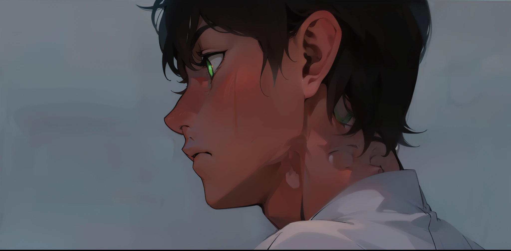 estilo comic anime 2d, 17 year old boy look sad depressed green eyes