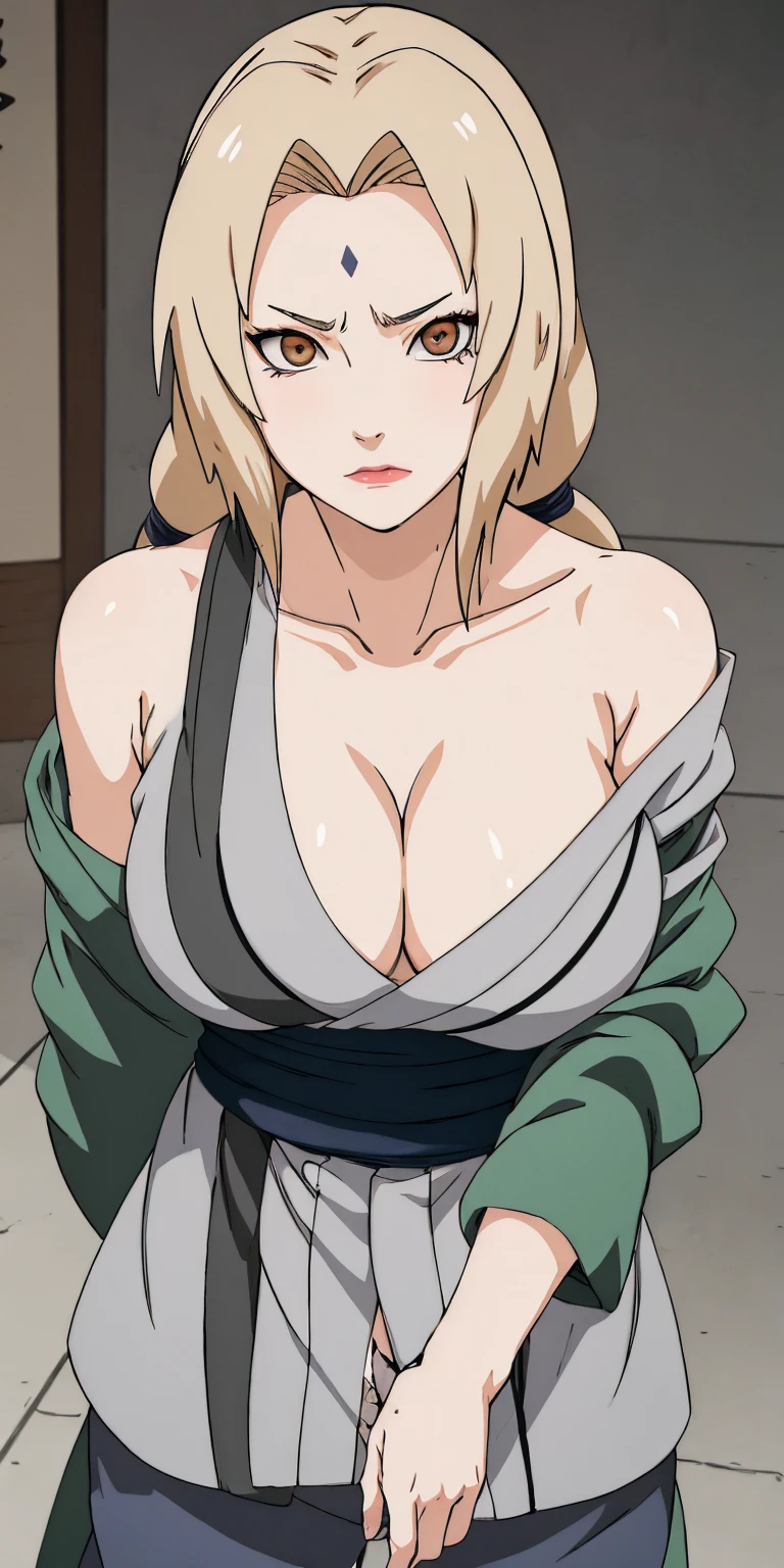 (masterpiece, highest quality:1.2), alone, One Girl, Tsunade Defense, Forehead mark, View your audience,Browsing Caution、((anime、Sad face、Breast Exposure、Medium size、Off the shoulder、Torn clothes))、、Open kimono, Green haori, Gray kimono, sash, pants 、Upper body close-up、Close-up of a person、Beautiful girl with beautiful details, very cute, Beautiful girl with beautiful details, professional photography lighting, Highly detailed eyes and face, Beautiful eyes in every detail、Beautiful detailed hair, Beautiful and exquisite cold face、