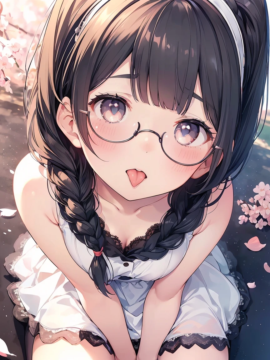 Very detailed, highest quality, High resolution, Moe Anime, ((A cute elementary school girl with black hair and droopy eyes)), ((Wearing large round glasses:1.4)), (Baby Face), Cute eyes, Detailed eye depiction, Sparkle in the eyes, View your viewers, Pale skin, (Big eyes:1.4, Droopy eyes:1.4, Fatty face:1.4), smile, Focus on the face, In the park with cherry blossoms falling, Sitting, (Extreme close up of tongue), (((From above))), Open your mouth, (((Face only:1.3))), ((white lace sleeveless dress)), Bright Eyes, Light from the front, (Put your hands between your legs:1.4), large and long tongue, Cleavage, Braided hairstyle