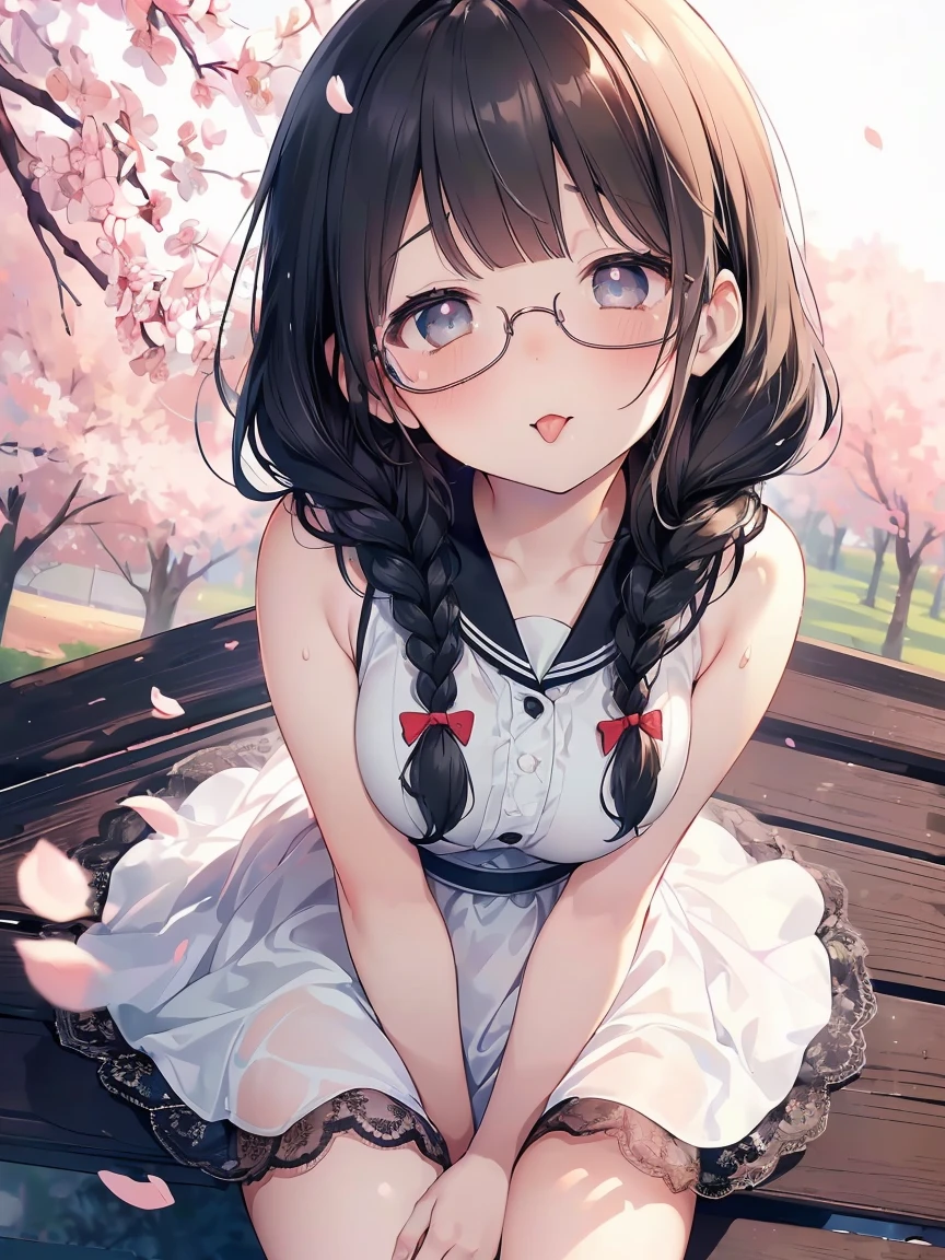 Very detailed, highest quality, High resolution, Moe Anime, ((A cute elementary school girl with black hair and droopy eyes)), ((Wearing large round glasses:1.4)), (Baby Face), Cute eyes, Detailed eye depiction, Sparkle in the eyes, View your viewers, Pale skin, (Big eyes:1.4, Droopy eyes:1.4, Fatty face:1.4), smile, Focus on the face, In the park with cherry blossoms falling, Sitting, (Extreme close up of tongue), (((From above))), Open your mouth, (((Face only:1.3))), ((white lace sleeveless dress)), Bright Eyes, Light from the front, (Put your hands between your legs:1.4), large and long tongue, Cleavage, Braided hairstyle