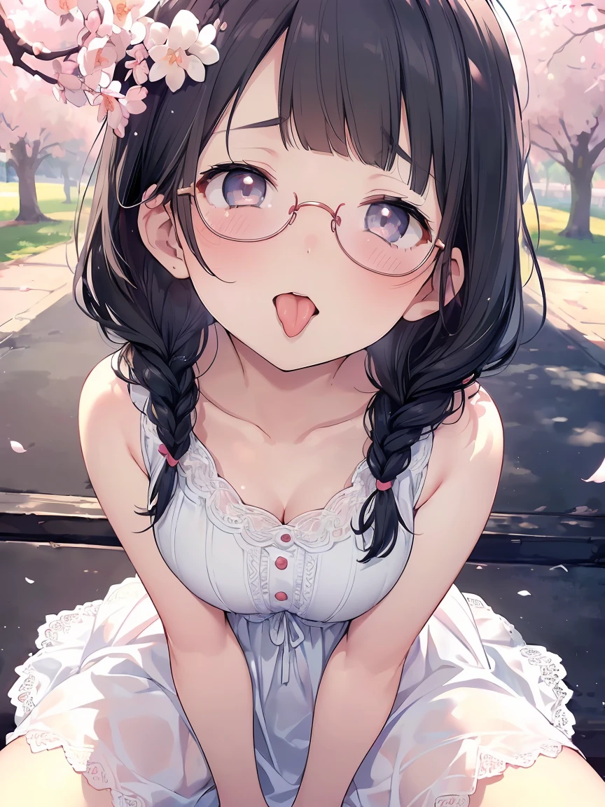 Very detailed, highest quality, High resolution, Moe Anime, ((A cute elementary school girl with black hair and droopy eyes)), ((Wearing large round glasses:1.4)), (Baby Face), Cute eyes, Detailed eye depiction, Sparkle in the eyes, View your viewers, Pale skin, (Big eyes:1.4, Droopy eyes:1.4, Fatty face:1.4), smile, Focus on the face, In the park with cherry blossoms falling, Sitting, (Extreme close up of tongue), (((From above))), Open your mouth, (((Face only:1.3))), ((white lace sleeveless dress)), Bright Eyes, Light from the front, (Put your hands between your legs:1.4), large and long tongue, Cleavage, Braided hairstyle