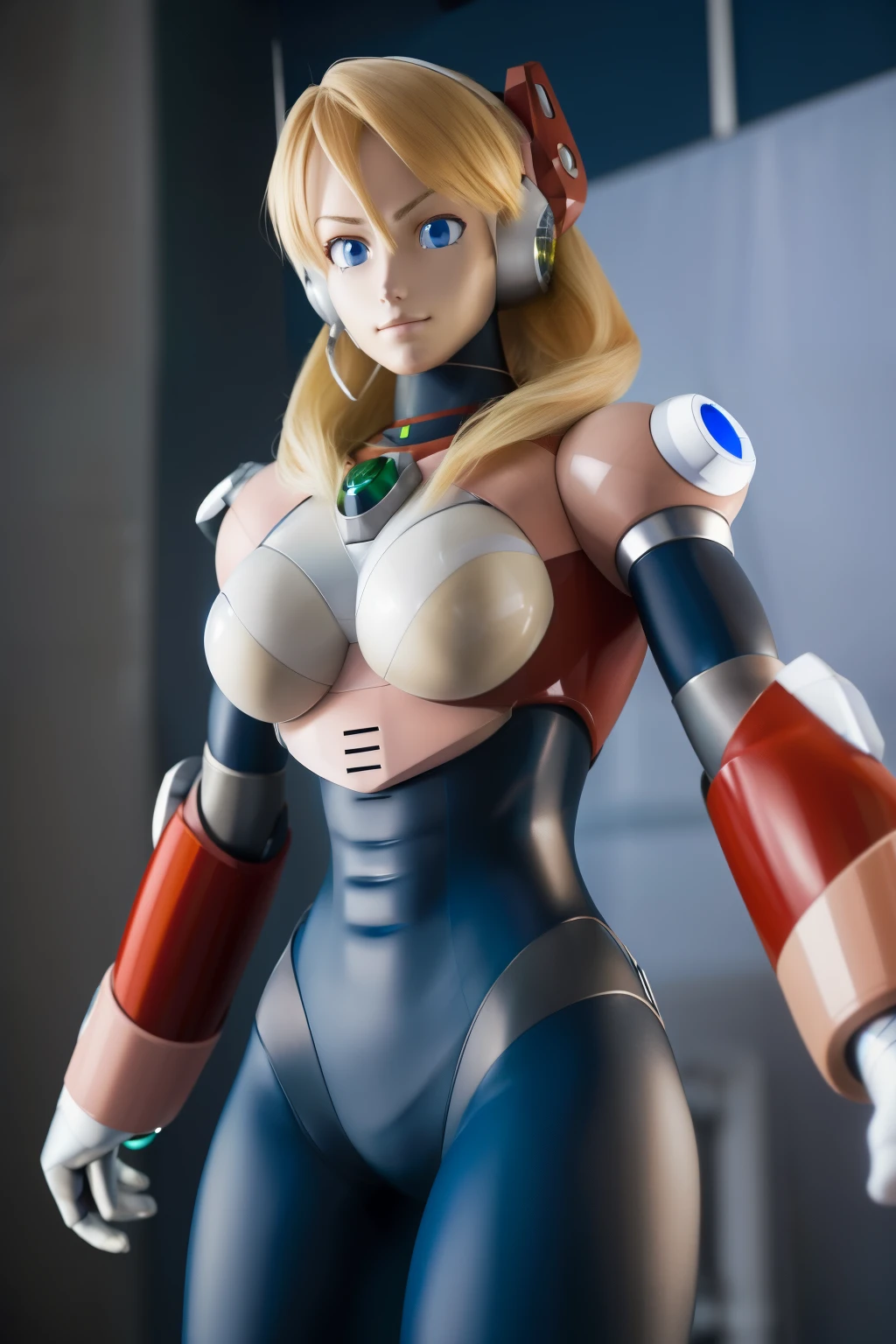 ultra detailed of a woman cyborg, 1girl, (natural skin texture, realistic eye details:1.2) alias_mega manx, alone, breasts, blue eyes, blonde hair, Android, long hair, robot ears, stand at attention, neutral stance, artwork, high quality, hypnotized, blank expression, mannequin