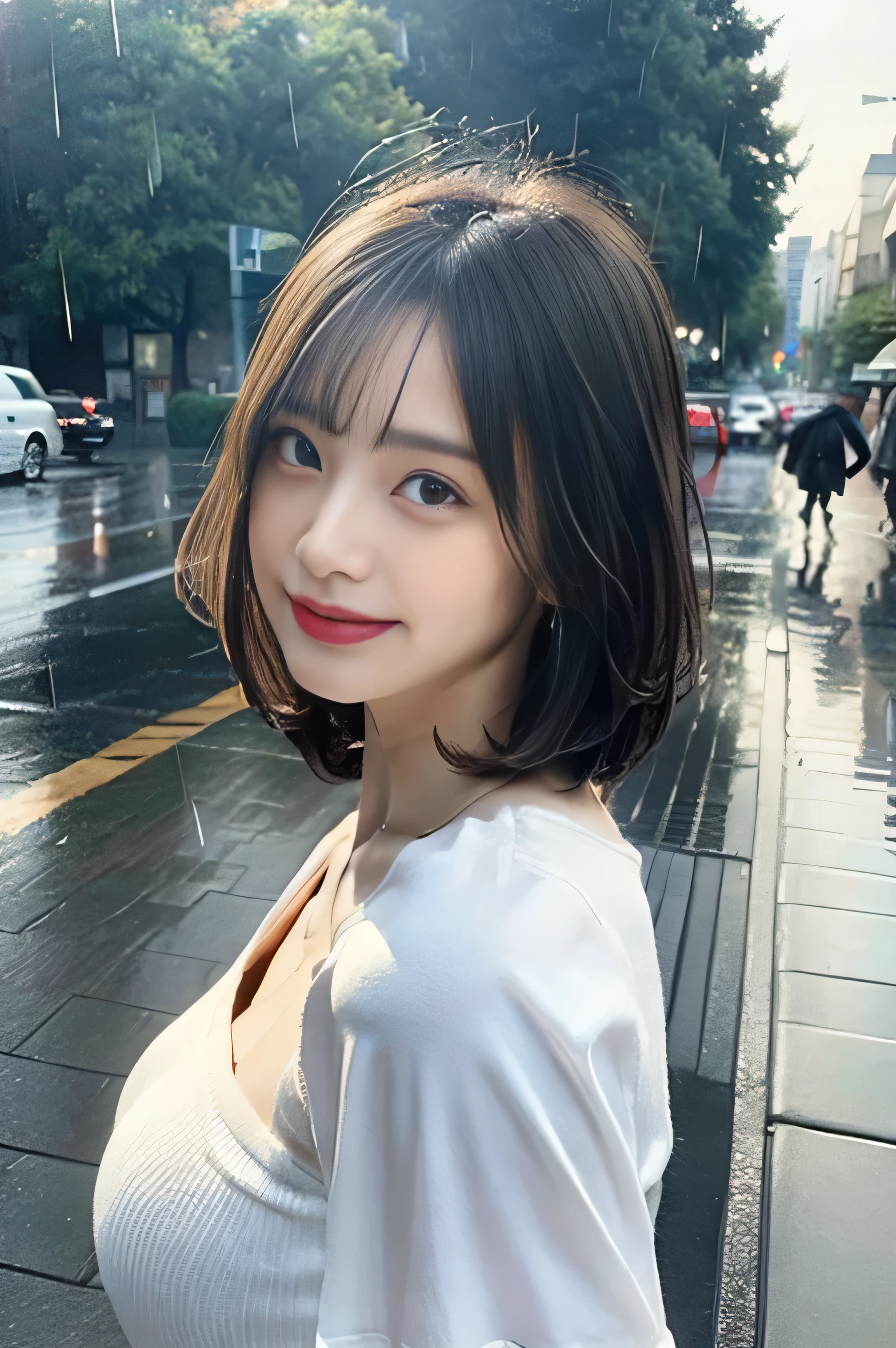 ((Best Quality, 8K, Masterpiece:1.3)), Focus: 1.2, Perfect Body Beauty: 1.4, Buttocks: 1.2, ((Layered Haircut, Breasts: 1.2)), (Wet Clothes: 1.1), (Rain, Street:1.3), Bandeau Dress: 1.1, Highly Detailed Face and Skin Texture, Fine Eyes, Double Eyelids, Whitening Skin, Long Hair, (Shut Up: 1.3), Smile