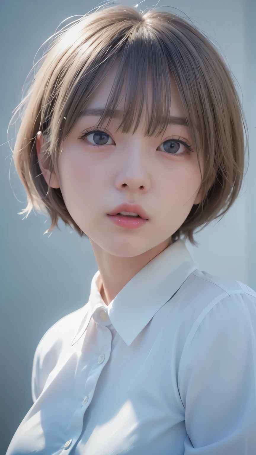 1 Very Cute Girl、12 years old、short hair、White Hair、Blue background、Upper body、(head shot:1.5)、Eyes focus、Collared shirt、Laughter、、(8k、Raw photo、highest quality、masterpiece:1.2)、(Realistic、Photorealistic:1.3)、Hmph、Deep depth of field、Wide Light、High Contrast、(Shine:1.4)、chromatic aberration、Sharp focus、RAW color photos、Cinematic lighting、8k resolution、