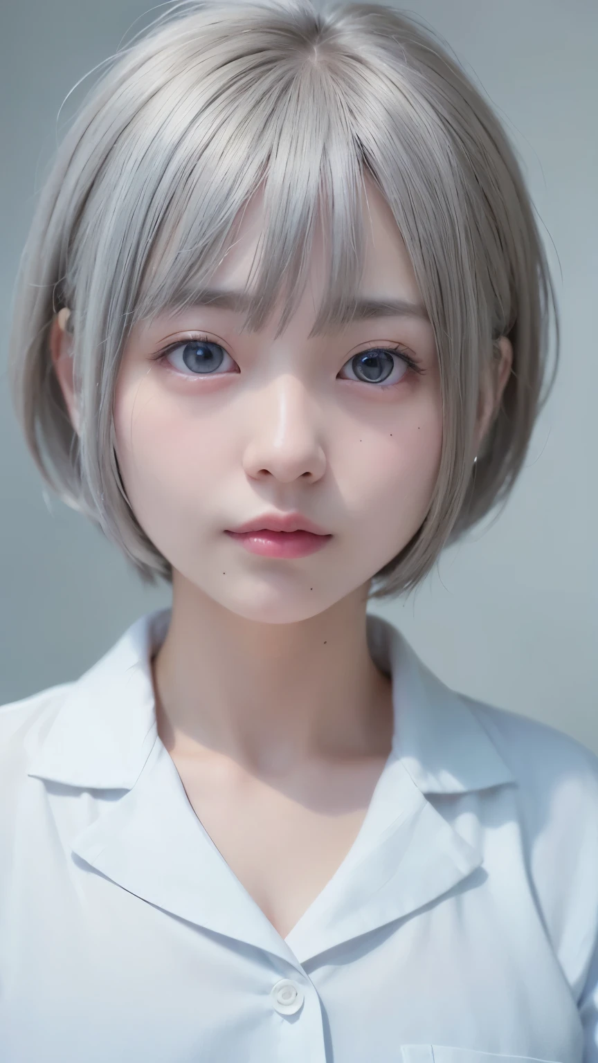 1 Very Cute Girl、12 years old、short hair、White Hair、Blue background、Upper body、(head shot:1.5)、Eyes focus、Collared shirt、Laughter、、(8k、Raw photo、highest quality、masterpiece:1.2)、(Realistic、Photorealistic:1.3)、Hmph、Deep depth of field、Wide Light、High Contrast、(Shine:1.4)、chromatic aberration、Sharp focus、RAW color photos、Cinematic lighting、8k resolution、