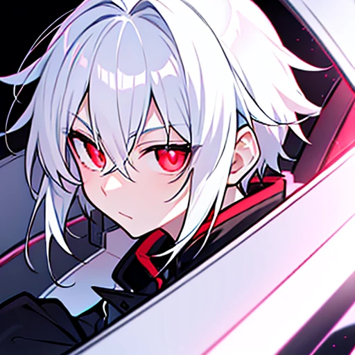 High resolution、close range、High Angle、A white-haired anime boy looks at the camera with a straight face、Monochrome、White skin、Black jacket、Pure white background、Red glowing eyes