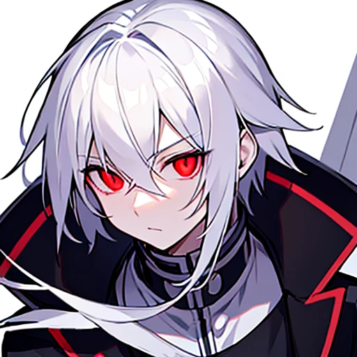 High resolution、close range、High Angle、A white-haired anime boy looks at the camera with a straight face、Monochrome、White skin、Black jacket、Pure white background、Red glowing eyes