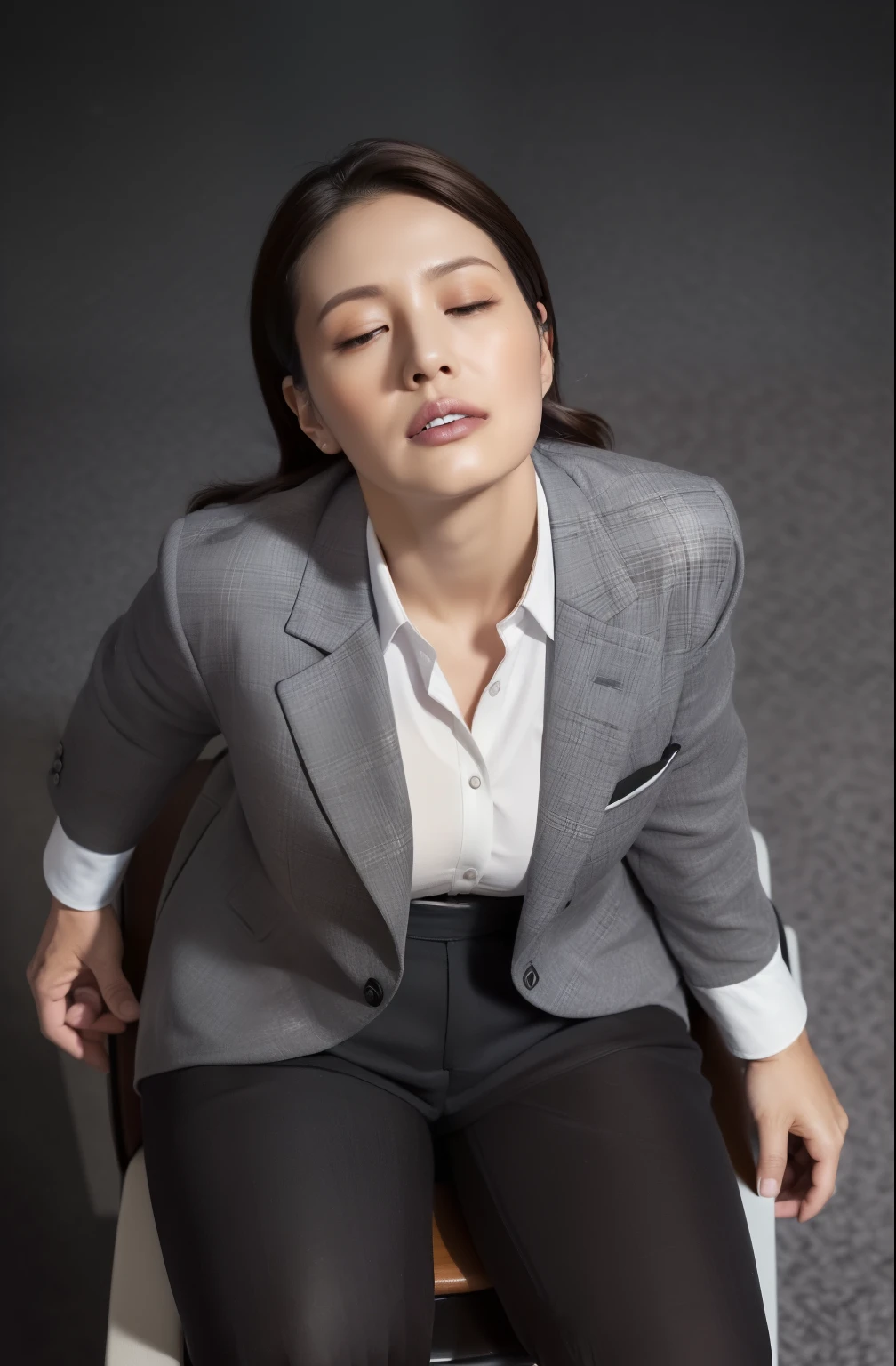 High resolution, high resolution, Attention to detail, masterpiece, Rough skin, Anatomically correct, sharp, Gray background((Japanese Mature, 30 years old)), alone, ((Facial wrinkles)), Shapely large breasts, Straight light brown hair that reaches the shoulders, Chubby body type, ((((Sit on a chair, look up, Close ~ eyes, sleep, Unconscious)))), , (Black slack pants:1.37)), ((Grey business jacket, White Business Shirt:1.37)), ((Cowboy Shot, From above))