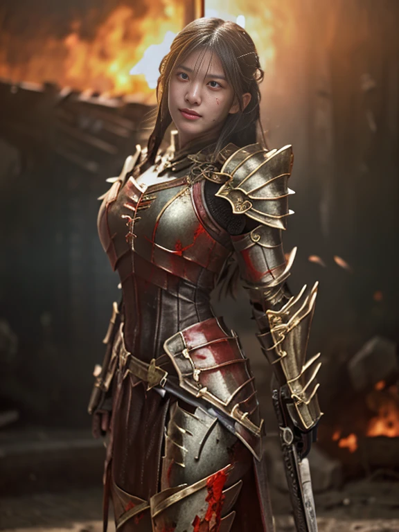 (((High definition, masterpiece, Attention to detail, Realistic, beautiful, Full body photo))), Perfect studio lighting, 18-year-old, Happy face, Ideal body, virgin, Long, smooth, straight hair, Tied behind, Large Breasts, Random Pause, Random Expressions, Wearing Japanese heavy armor, Golden Armor, full body armor, Unreal Engine Art Trends, Wielding Japan sword, Attack pose, sweating, Bloody Face, Bloodstained Armor, genocide, Fire everywhere, Epic battle background, battlefield, genocide, war zone, Without helmet,