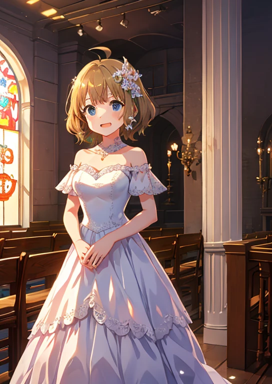 Suo peach, (highest quality, 8k, masterpiece, Very detailed:1.2), (Lens flare, Particles of light, Shine), Medium breast, smile, Open your mouth, masterpiece, highest quality, Very detailed, High resolution, Very detailedなCG, (Official Art), Off the shoulder, Wedding dress, (Embarrassing:1.1), (blush:1.2), Open your mouth, (shout:1.1), (Moving lines:1.1), blue sky, church, Cowboy Shot
